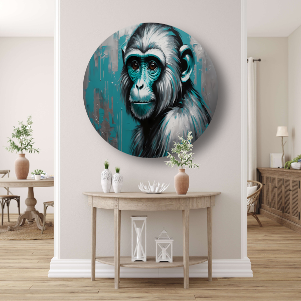 De Intense Blik van een Turquoise Aap aluminium muurcirkel