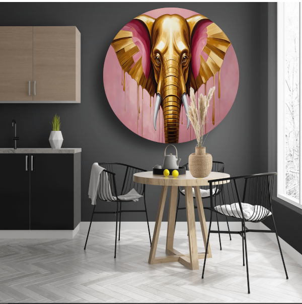 Gouden olifant tegen roze achtergrond aluminium muurcirkel