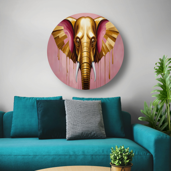 Gouden olifant tegen roze achtergrond aluminium muurcirkel