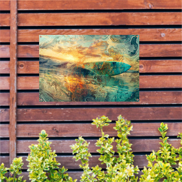 Abstracte Zonsondergang en Surfplank in Zee tuinposter