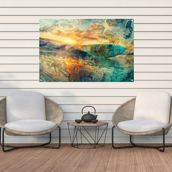 Abstracte Zonsondergang en Surfplank in Zee tuinposter