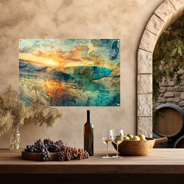Abstracte Zonsondergang en Surfplank in Zee tuinposter