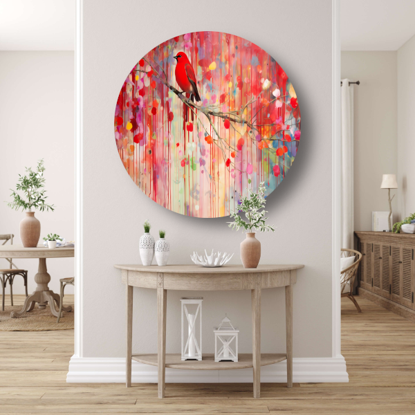 Roodborstje op een tak, Minimalistisch schilderij aluminium muurcirkel