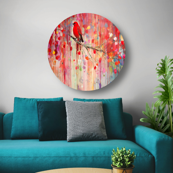 Roodborstje op een tak, Minimalistisch schilderij aluminium muurcirkel