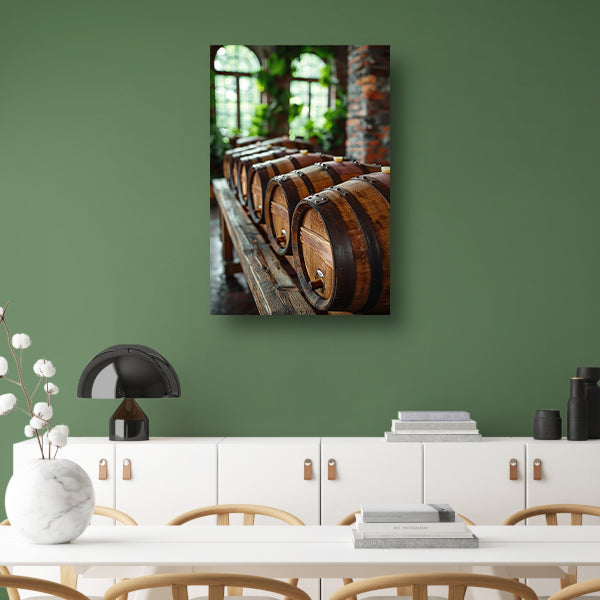 Rij oude eikenhouten vaten in een kelder canvas