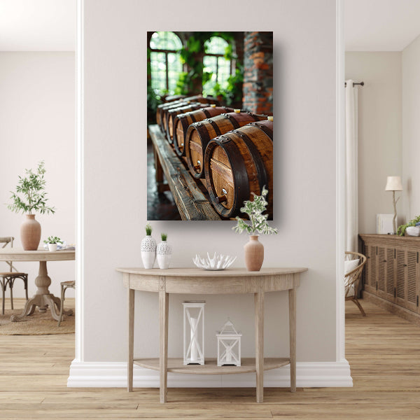 Rij oude eikenhouten vaten in een kelder canvas