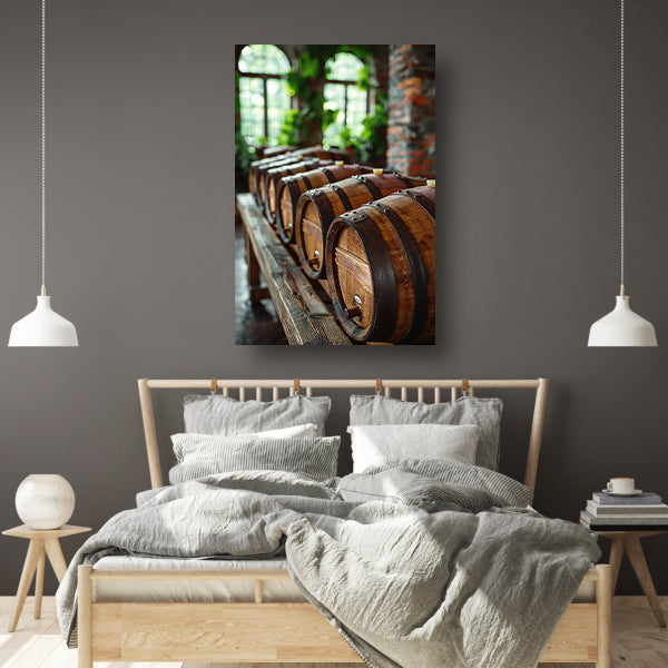 Rij oude eikenhouten vaten in een kelder canvas