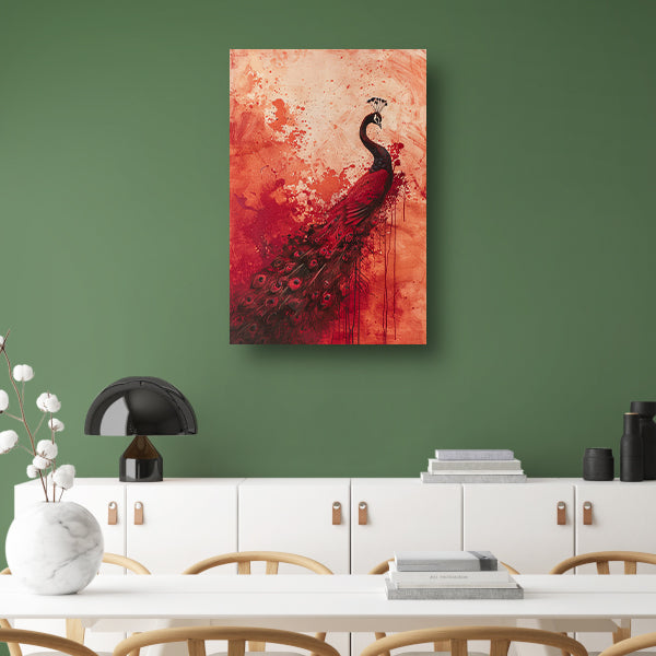 Abstract schilderij van een pauw met verfspatten acrylglas