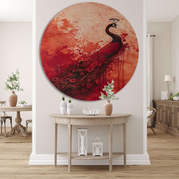 Abstract schilderij van een pauw met verfspatten aluminium muurcirkel