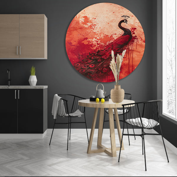 Abstract schilderij van een pauw met verfspatten aluminium muurcirkel