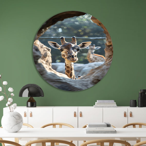 Zwart-Wit Portret van Nieuwsgierige Giraffe aluminium muurcirkel
