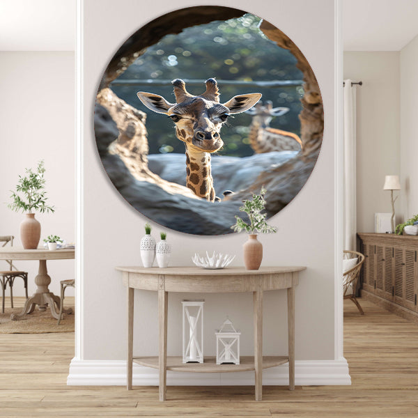 Zwart-Wit Portret van Nieuwsgierige Giraffe aluminium muurcirkel