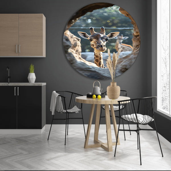 Zwart-Wit Portret van Nieuwsgierige Giraffe aluminium muurcirkel