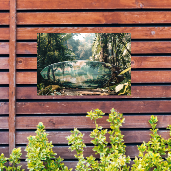 Surfplank met boslandschap tuinposter