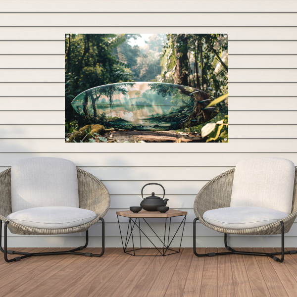 Surfplank met boslandschap tuinposter