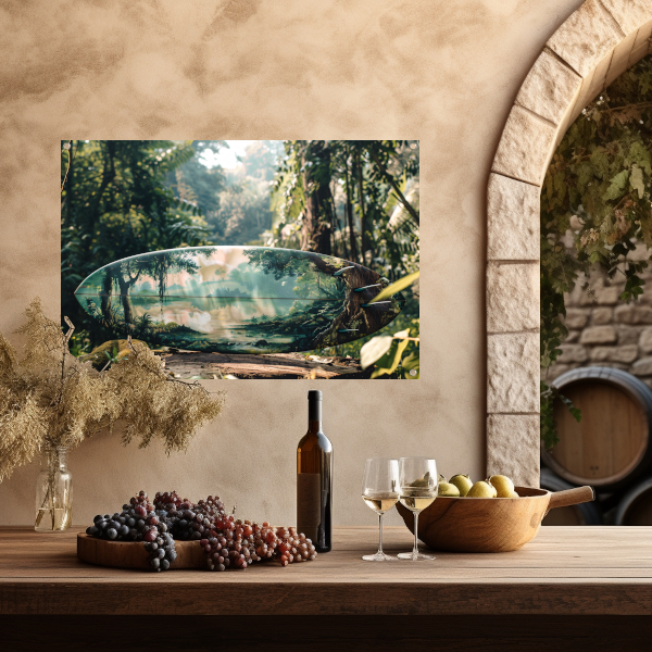 Surfplank met boslandschap tuinposter