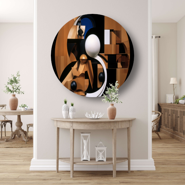 Houten bol op wit - Minimalistisch houtsnijwerk aluminium muurcirkel