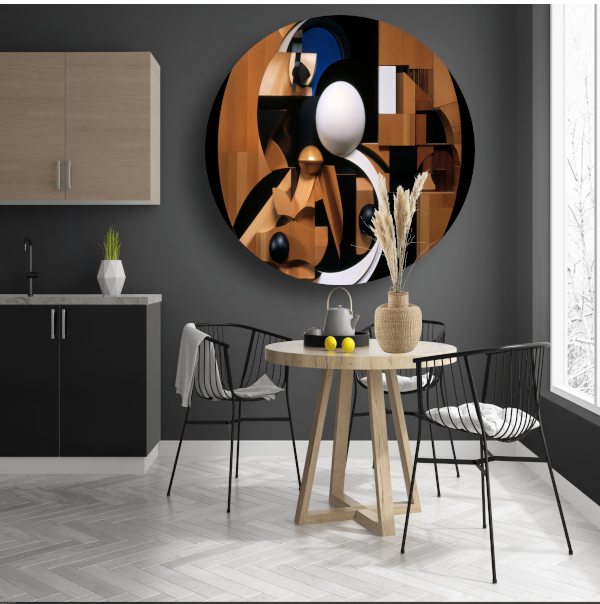 Houten bol op wit - Minimalistisch houtsnijwerk aluminium muurcirkel