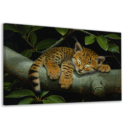 Slapende wilde kat op boomtak canvas