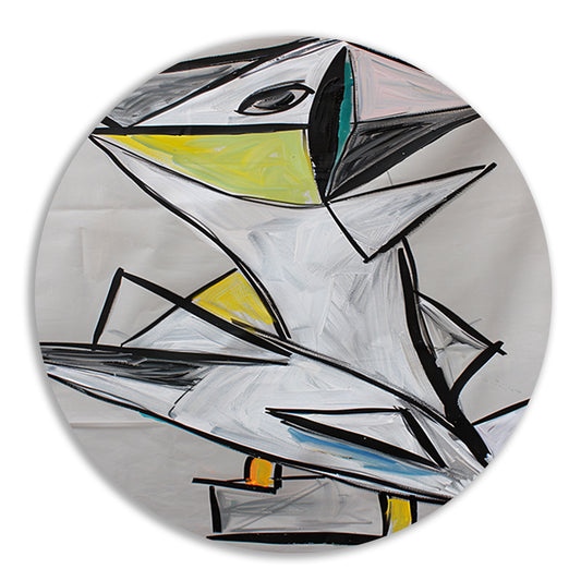 Abstract geometrisch vogel kunstwerk met kleuren aluminium muurcirkel