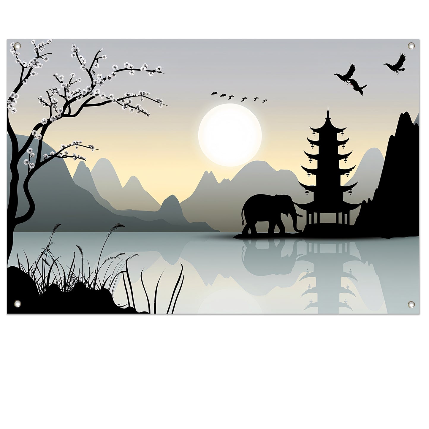 Silhouet Olifant bij Pagoda tuinposter