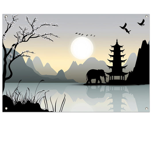 Silhouet Olifant bij Pagoda tuinposter
