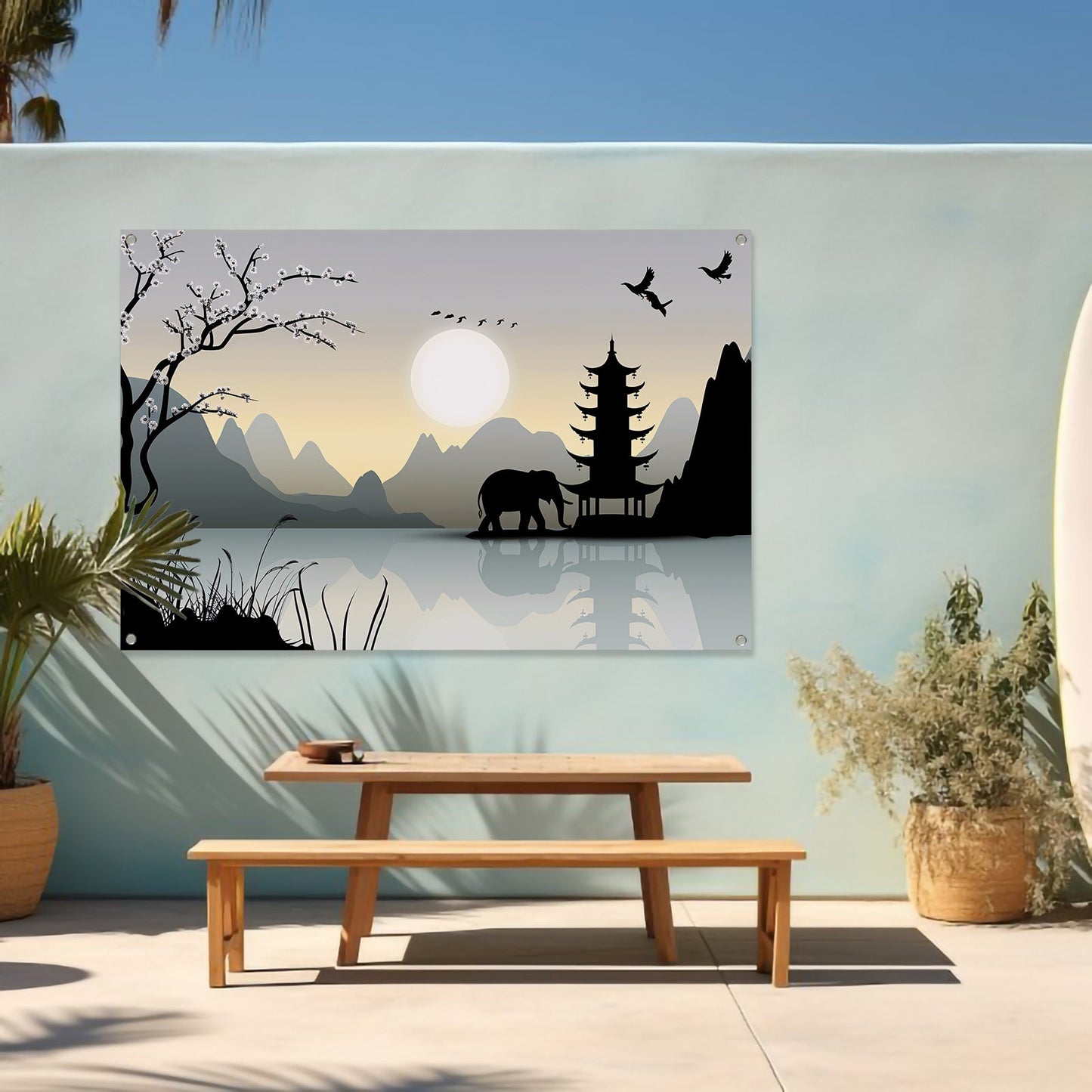 Silhouet Olifant bij Pagoda tuinposter