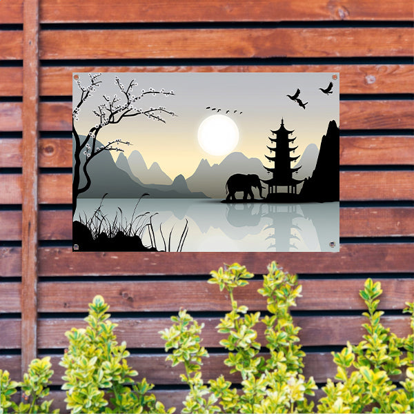 Silhouet Olifant bij Pagoda tuinposter
