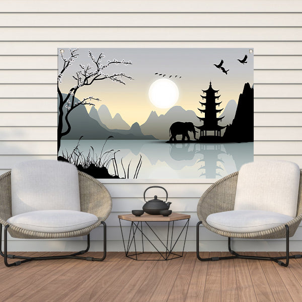 Silhouet Olifant bij Pagoda tuinposter