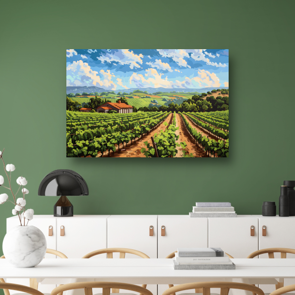 Rustige wijngaard met landhuis onder blauwe lucht canvas