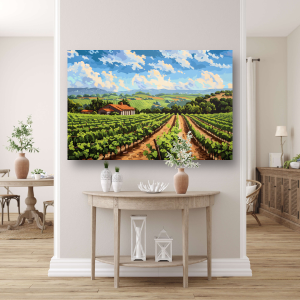 Rustige wijngaard met landhuis onder blauwe lucht canvas