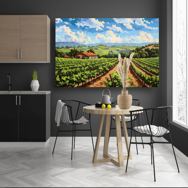 Rustige wijngaard met landhuis onder blauwe lucht canvas