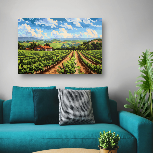 Rustige wijngaard met landhuis onder blauwe lucht canvas