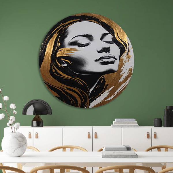 Portret van Vrouw met Gouden Slierten aluminium muurcirkel
