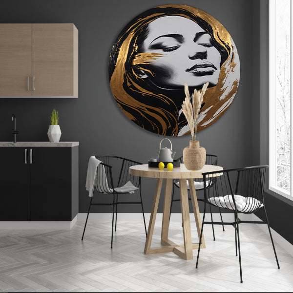 Portret van Vrouw met Gouden Slierten aluminium muurcirkel