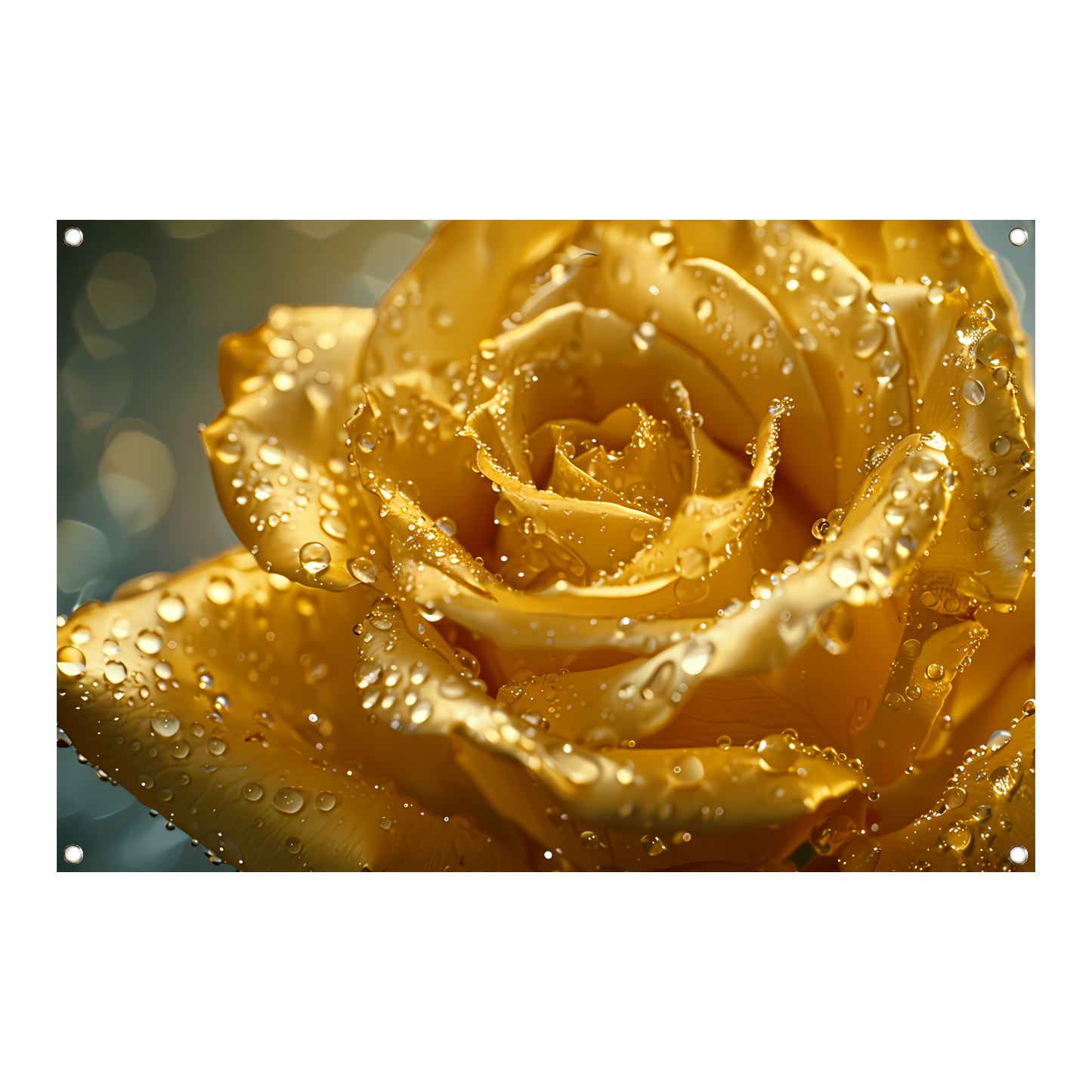 Gouden roos met waterdruppels op delicate bloemblaadjes tuinposter
