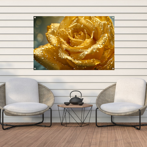 Gouden roos met waterdruppels op delicate bloemblaadjes tuinposter