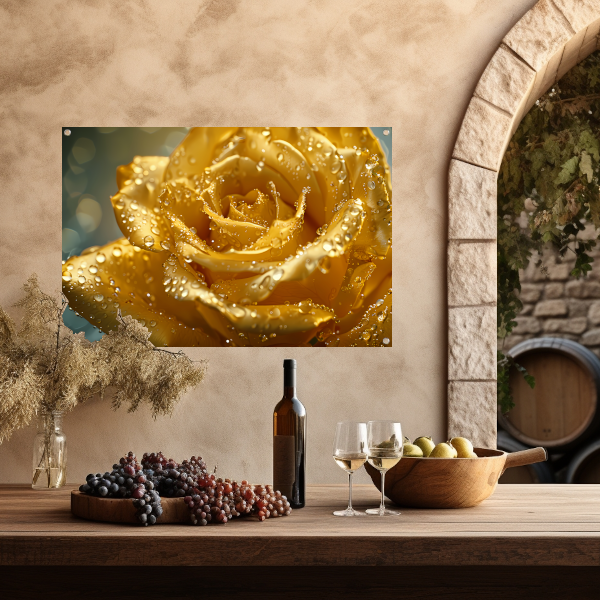 Gouden roos met waterdruppels op delicate bloemblaadjes tuinposter