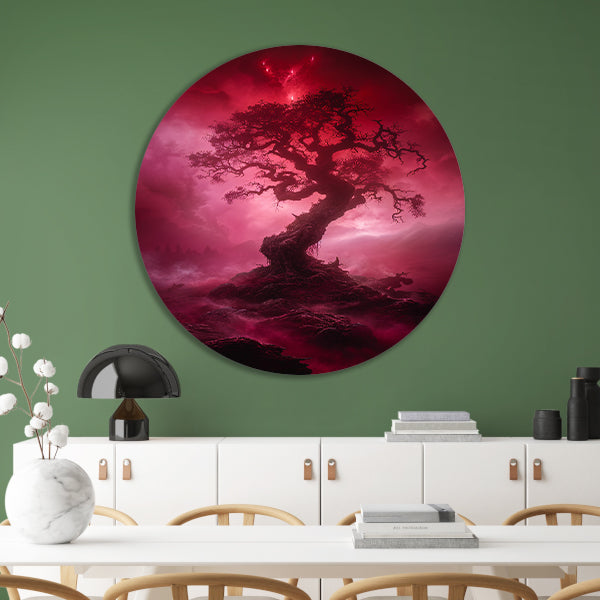 Mystieke Boom in Rood Surrealistisch Landschap forex muurcirkel