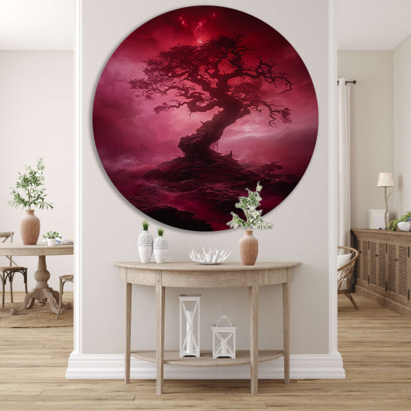 Mystieke Boom in Rood Surrealistisch Landschap forex muurcirkel