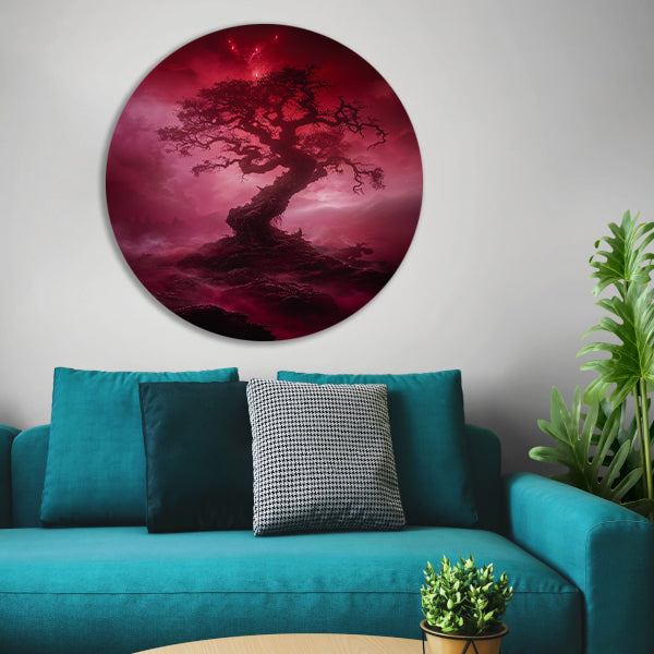 Mystieke Boom in Rood Surrealistisch Landschap forex muurcirkel