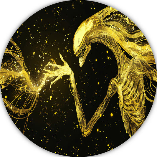 Gouden wezens in kosmische confrontatie aluminium muurcirkel