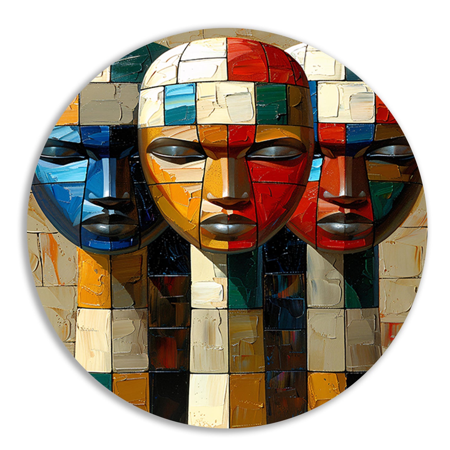 Kleurrijke abstracte maskers met blokken aluminium muurcirkel