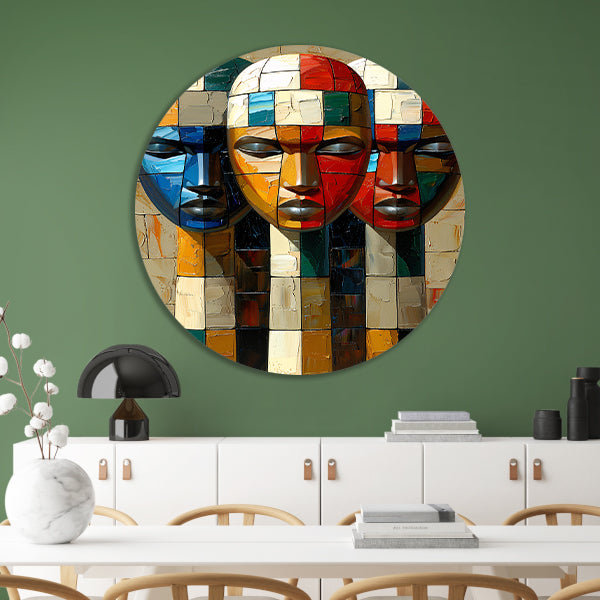 Kleurrijke abstracte maskers met blokken aluminium muurcirkel