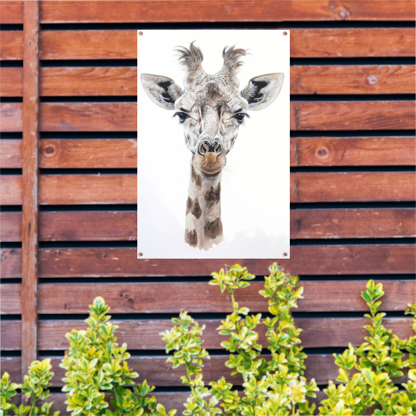 Gedetailleerd schilderij van een giraffe gezicht tuinposter