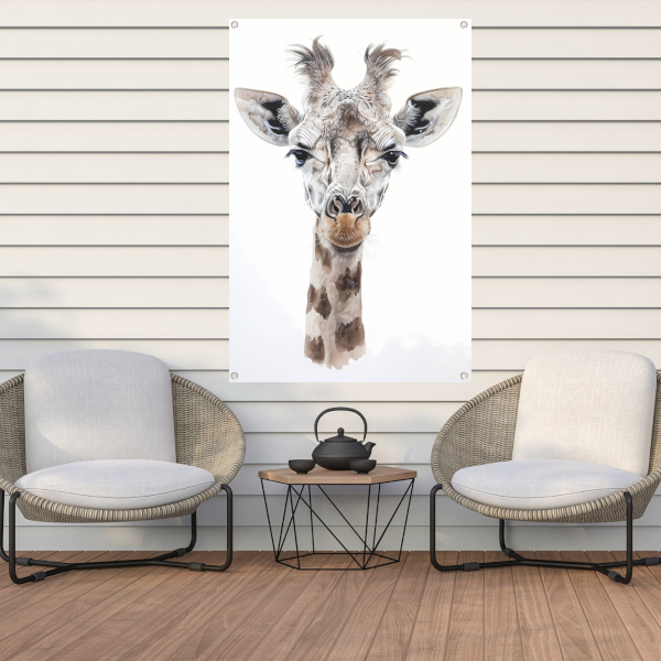 Gedetailleerd schilderij van een giraffe gezicht tuinposter
