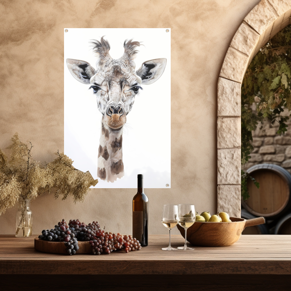 Gedetailleerd schilderij van een giraffe gezicht tuinposter