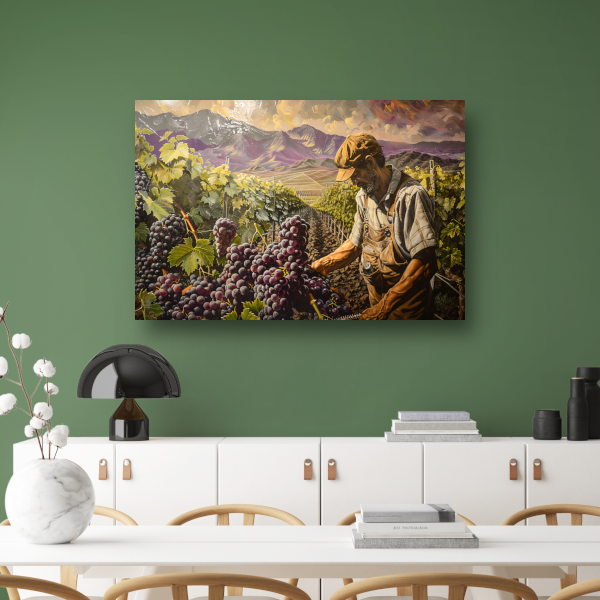 Wijnboer tijdens druivenoogst in vallei canvas
