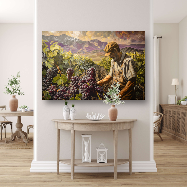 Wijnboer tijdens druivenoogst in vallei canvas