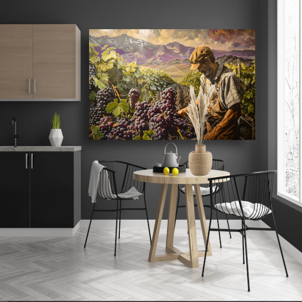 Wijnboer tijdens druivenoogst in vallei canvas